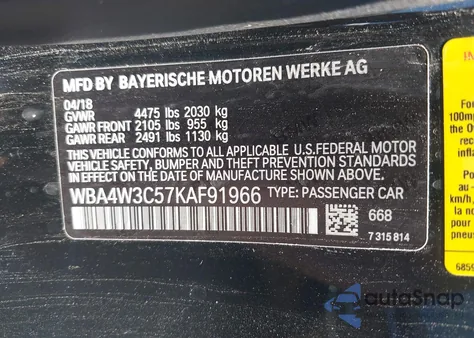 2019 BMW 430I из США, поврежденный, VIN WBA4W3C57KAF91966